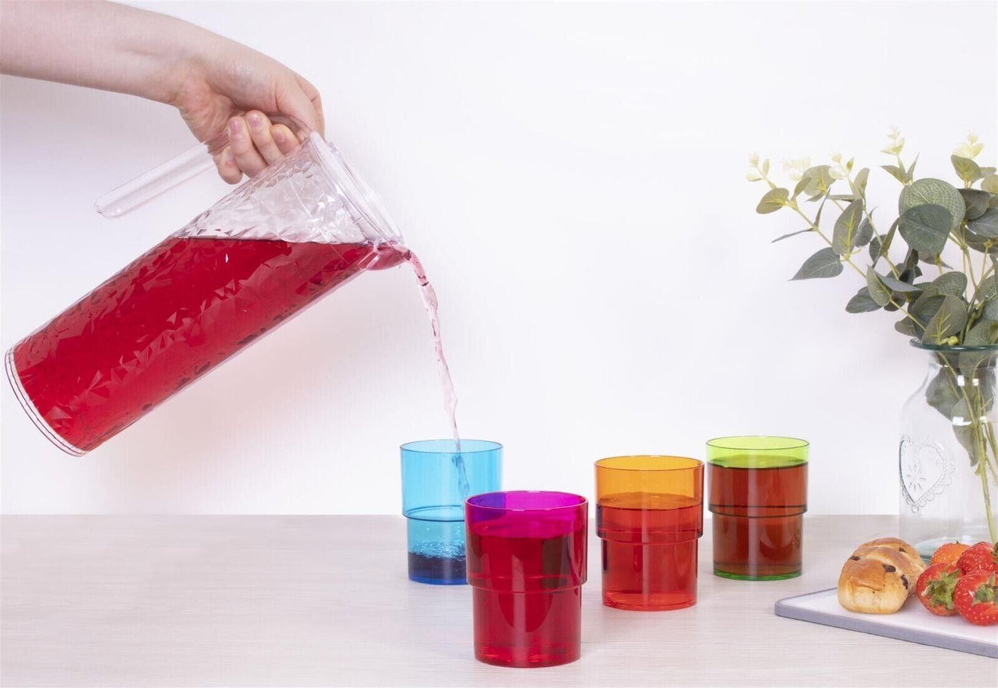 1.6L Clear Plastic Pitcher 4x Reusable Coloured Bello Tumbler Glasses BBQ Party - ZYBUX