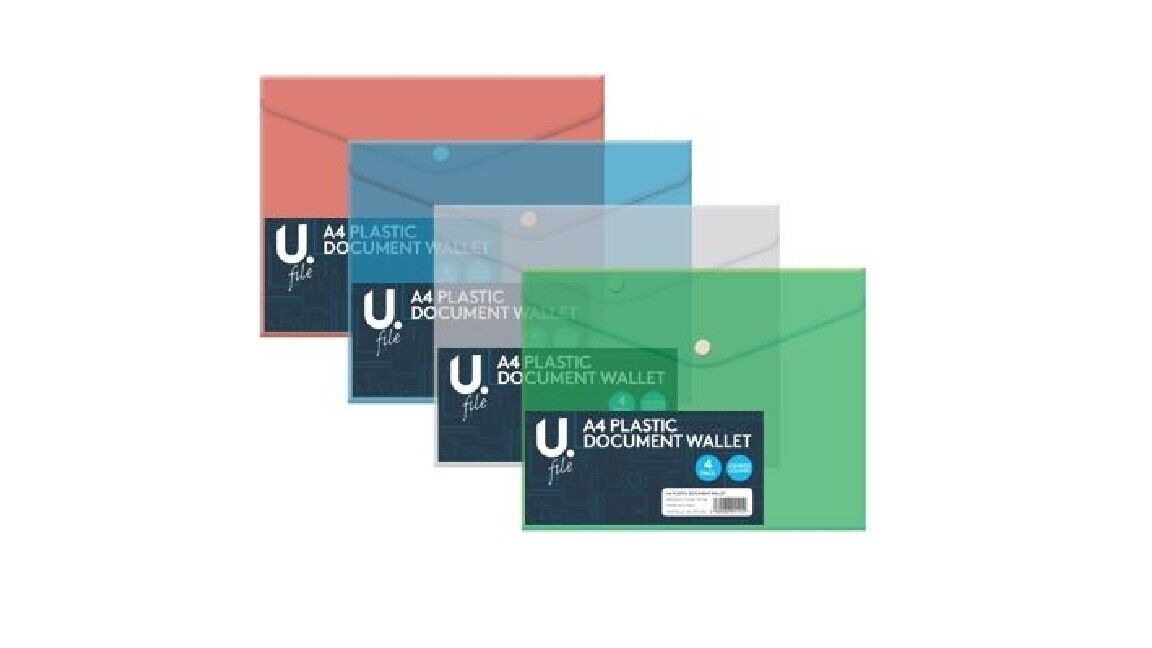 4x A4 Plastic Document Wallet File Folders For School or Office