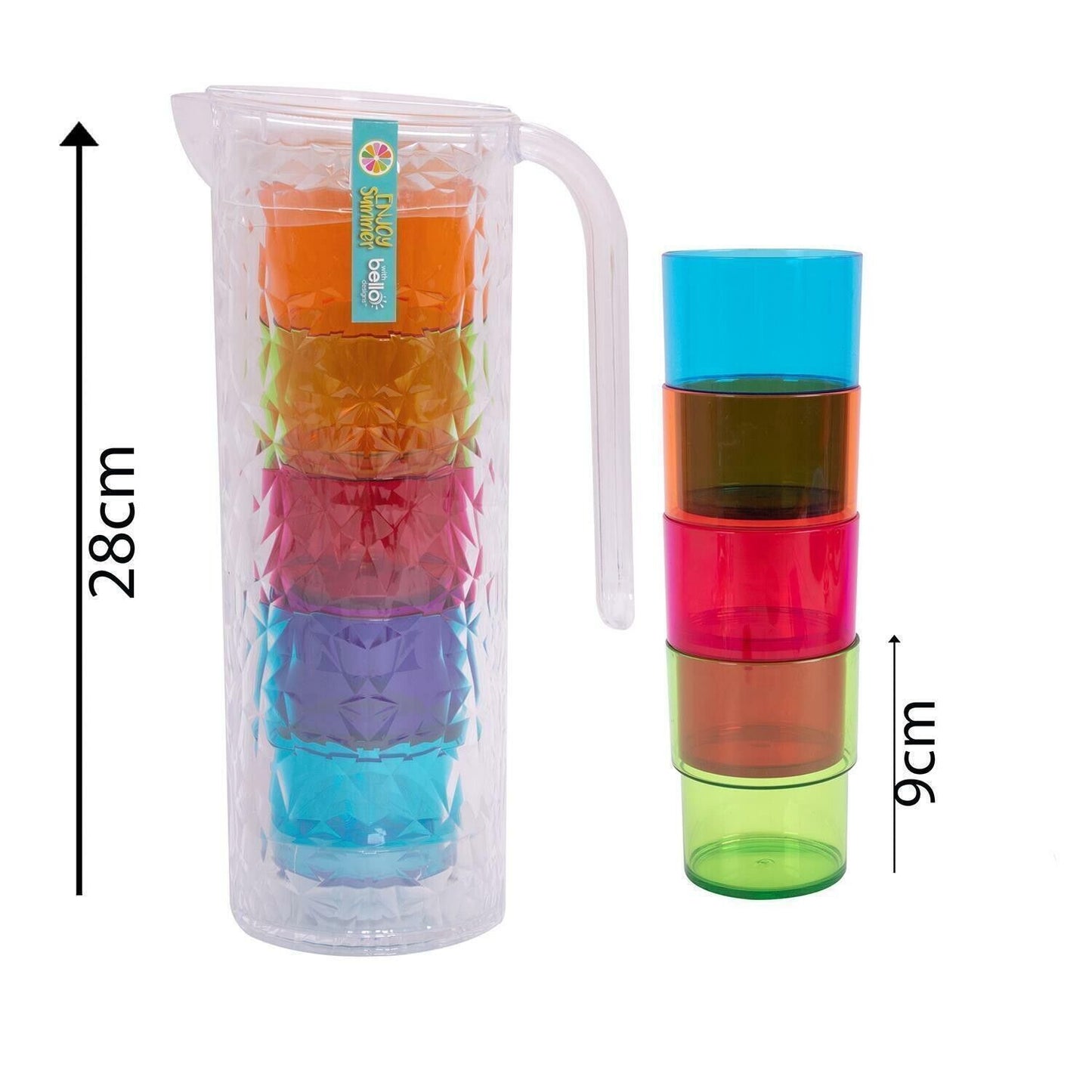 1.6L Clear Plastic Pitcher 4x Reusable Coloured Bello Tumbler Glasses BBQ Party - ZYBUX
