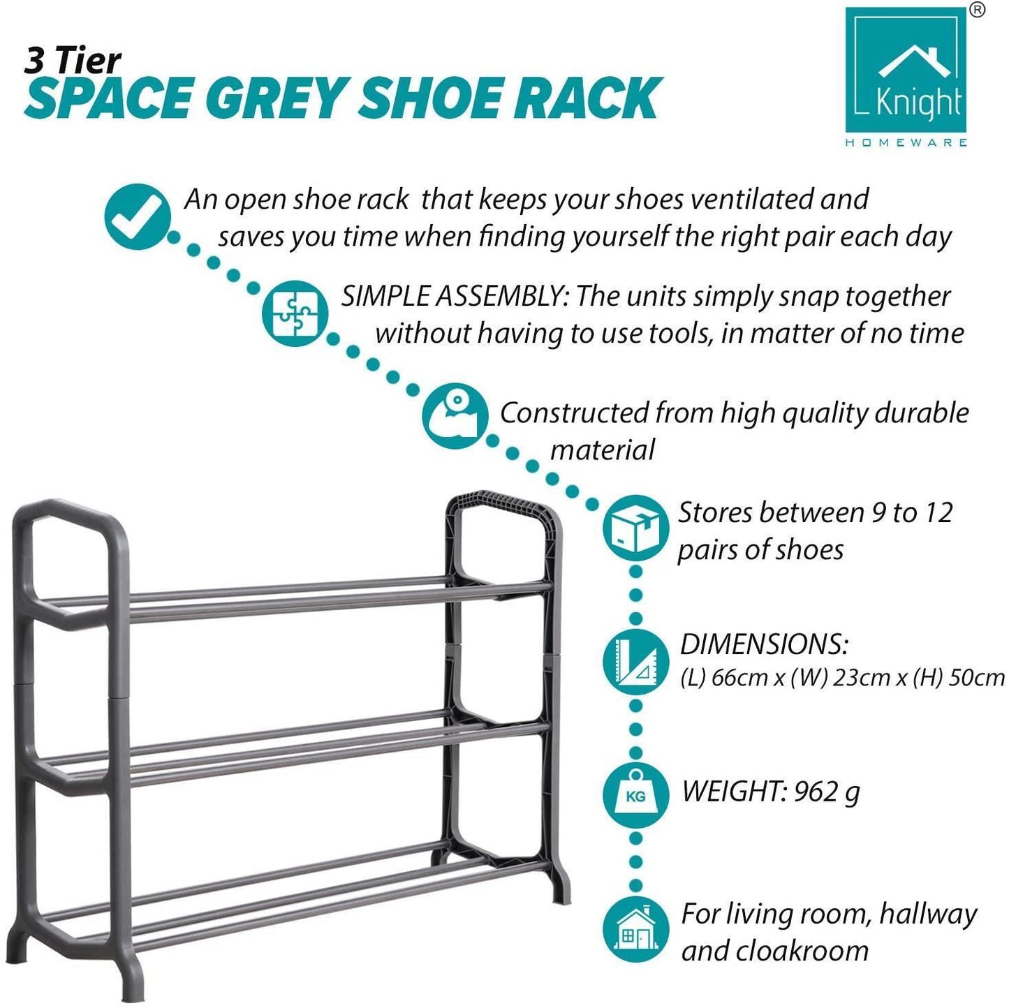 Shoe Rack 3 Tier Space Grey, For Living Room, Store between 9 to 12 Pairs