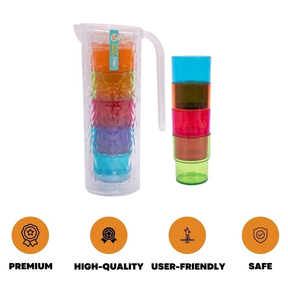 1.6L Clear Plastic Pitcher 4x Reusable Coloured Bello Tumbler Glasses BBQ Party - ZYBUX