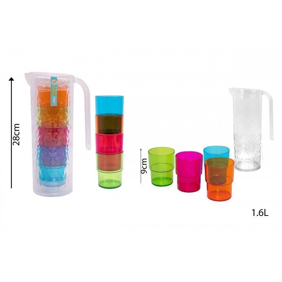 1.6L Clear Plastic Pitcher 4x Reusable Coloured Bello Tumbler Glasses BBQ Party - ZYBUX