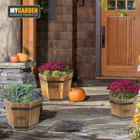 Set of 3 Wooden Decorative Solid Barrel Planters Indoor Outdoor Garden NEW