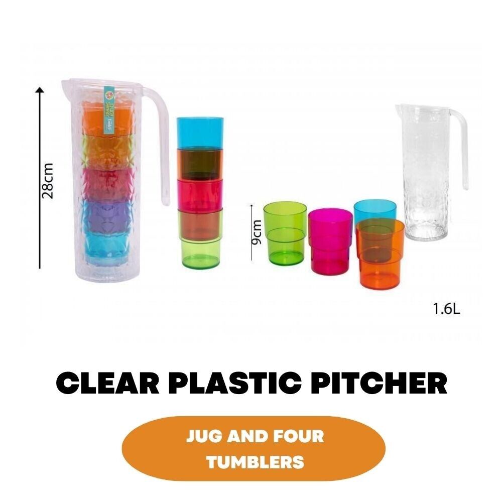 1.6L Clear Plastic Pitcher 4x Reusable Coloured Bello Tumbler Glasses BBQ Party - ZYBUX