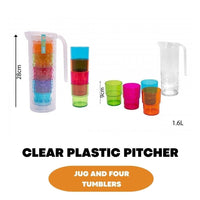 1.6L Clear Plastic Pitcher 4x Reusable Coloured Bello Tumbler Glasses BBQ Party - ZYBUX