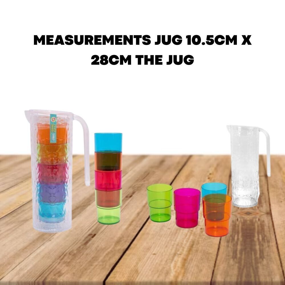 1.6L Clear Plastic Pitcher 4x Reusable Coloured Bello Tumbler Glasses BBQ Party - ZYBUX