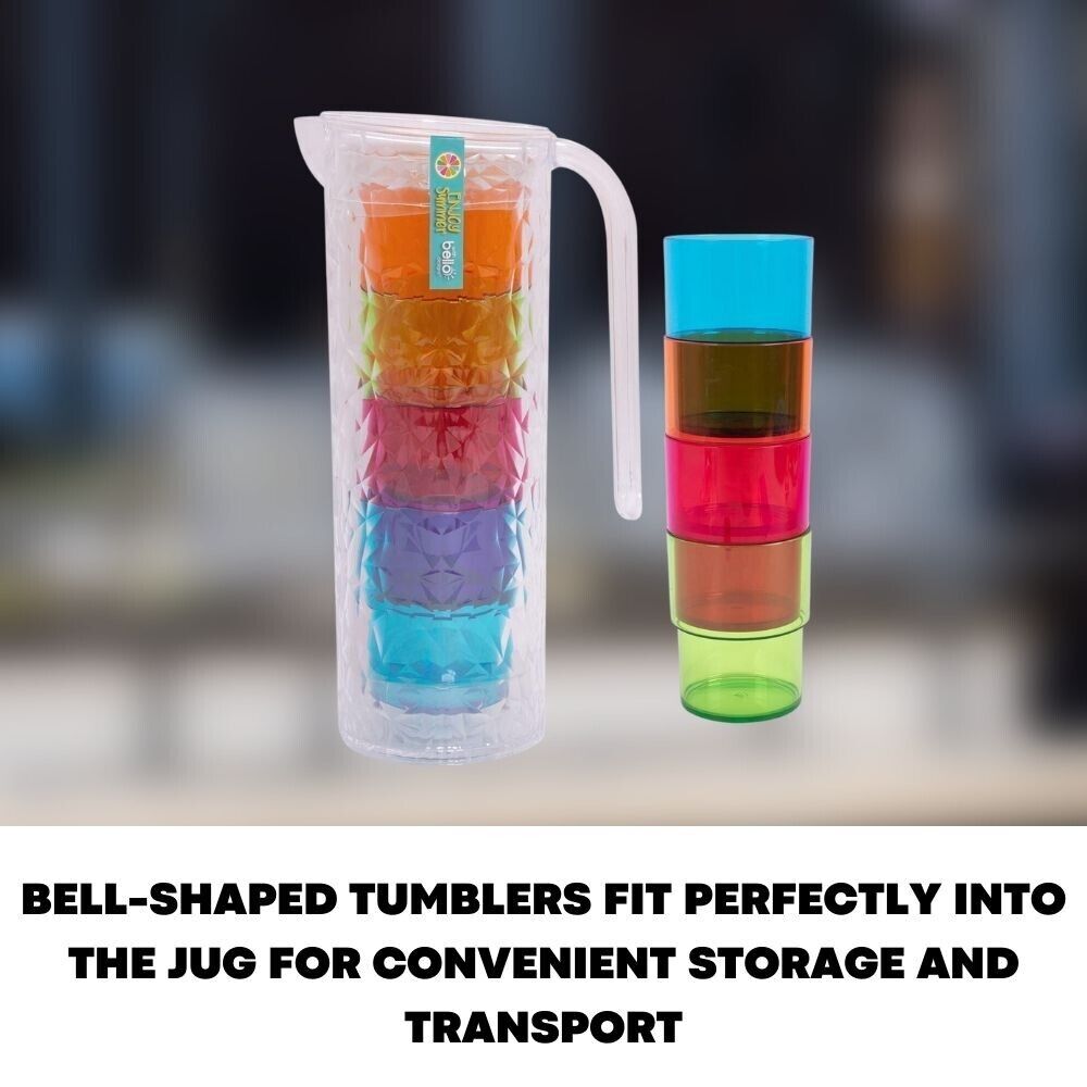 1.6L Clear Plastic Pitcher 4x Reusable Coloured Bello Tumbler Glasses BBQ Party - ZYBUX
