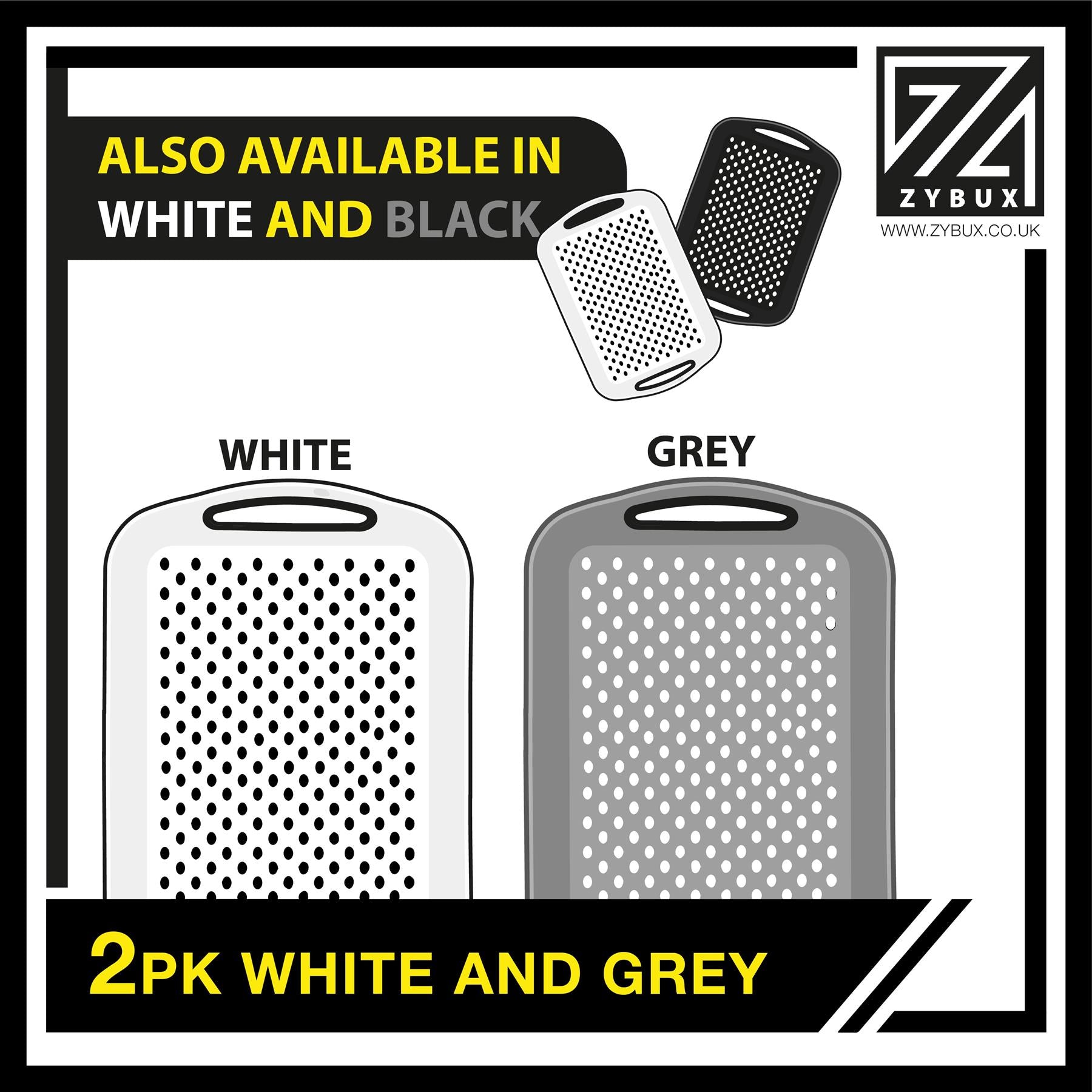 ZYBUX - 2 x Set of Anti-Slip Rectangular Non-Slip Top and Bottom Plastic Dinner/Drinks Serving Tray with High Grip Rubber Surface, Easy Grip Handles, Black & White - ZYBUX