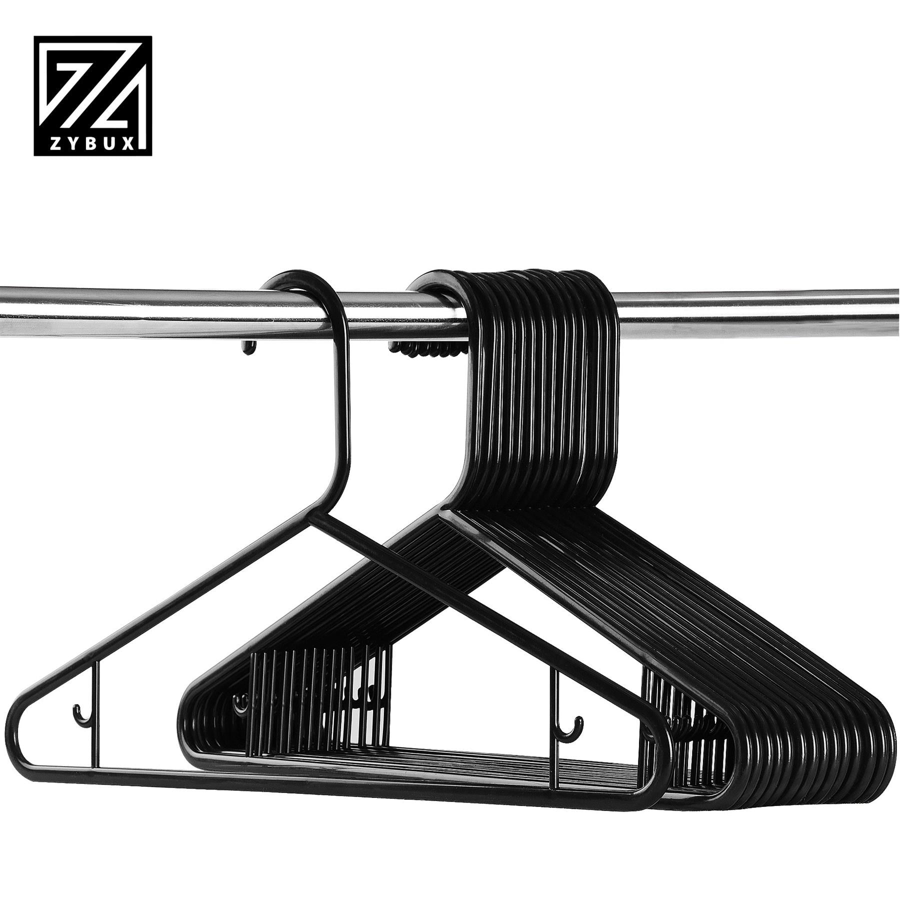 ZYBUX - 20 x Adult Coat Hangers Black Colour Extra Strong Plastic Clothes with Suit Trouser Bar (40cm Wide) - ZYBUX