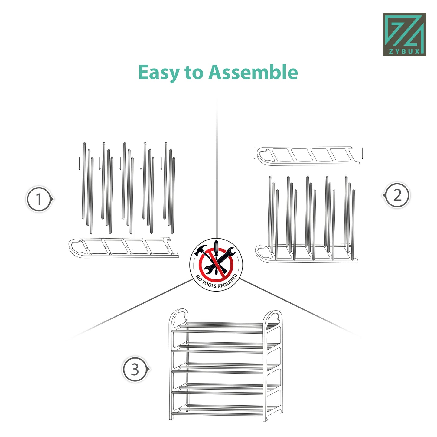 ZYBUX - 5 Tier Shoe Rack Organiser, Quick Assembly No Tools Required, Holds upto 15 pairs (L) 63cm x (W) 19cm x (H) 67cm - Grey - ZYBUX