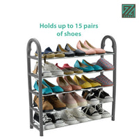 ZYBUX - 5 Tier Shoe Rack Organiser, Quick Assembly No Tools Required, Holds upto 15 pairs (L) 63cm x (W) 19cm x (H) 67cm - Grey - ZYBUX