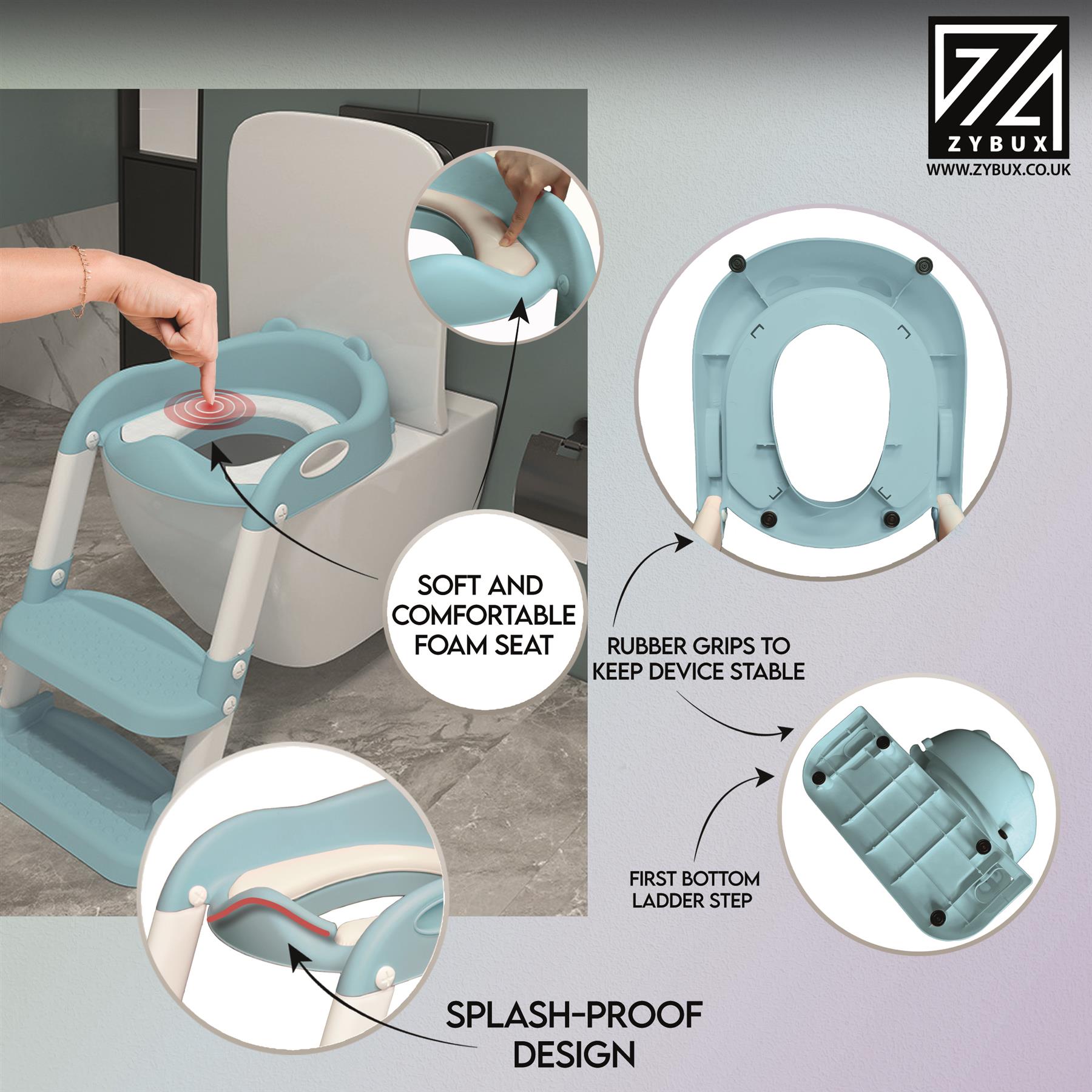 ZYBUX - Adjustable Potty Toilet Seat Baby Toddler with Durable Anti-Skid Kid Toilet Trainer with Step Stool and Ladder for Boys and Girls | Suitable for Toilets 38 - 42 cm Capacity up to 70 kg - ZYBUX
