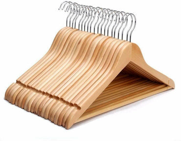 Pack of 20 Strong Premium Wooden Coat Hangers with Round Trouser Bar and Shoulder Notches - ZYBUX