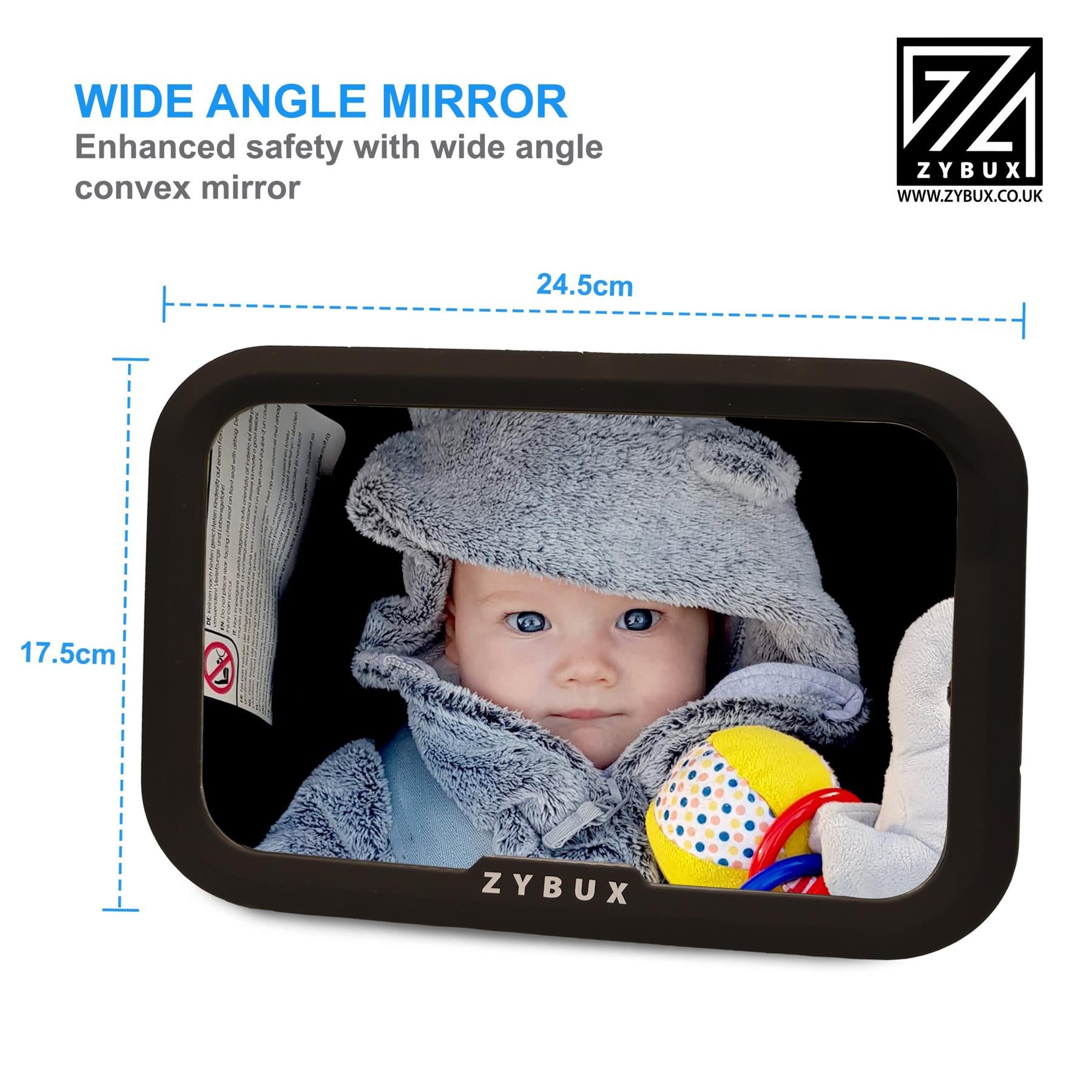 ZYBUX - Back Seat Baby Mirror Peace of Mind to Keep an Eye on Baby in a Rear Facing Child seat - Premium Black Frame - Safest Shatterproof[UPGRADED] - ZYBUX