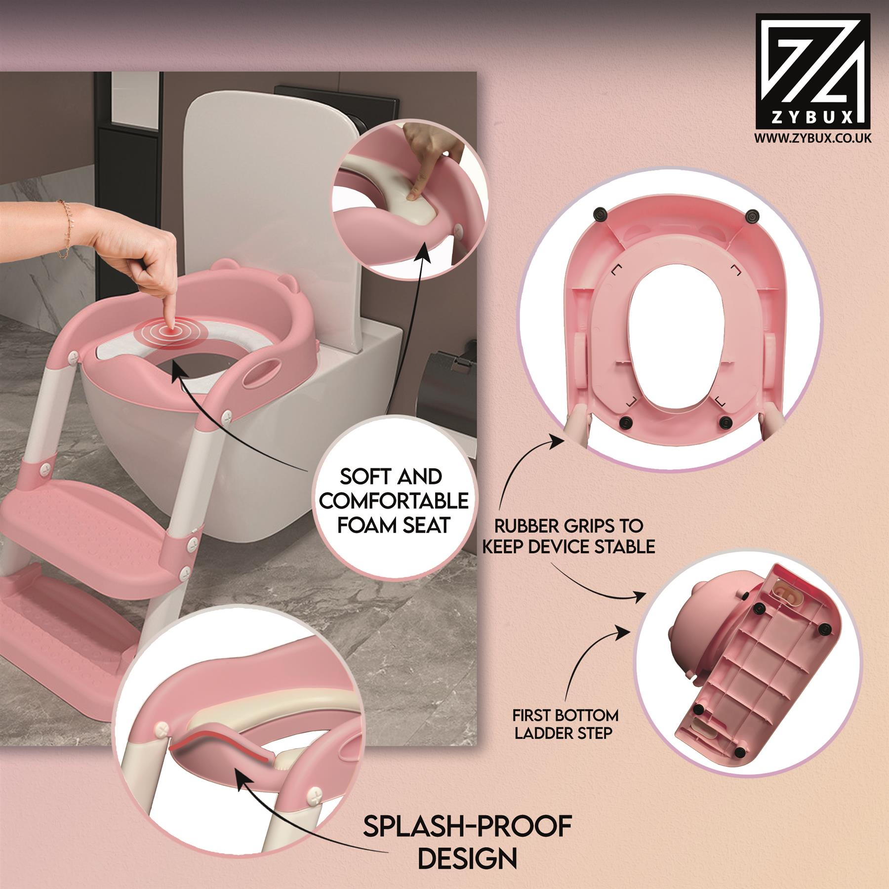 ZYBUX - Adjustable Potty Toilet Seat Baby Toddler with Durable Anti-Skid Kid Toilet Trainer with Step Stool and Ladder for Boys and Girls | Suitable for Toilets 38 - 42 cm Capacity up to 70 kg - ZYBUX