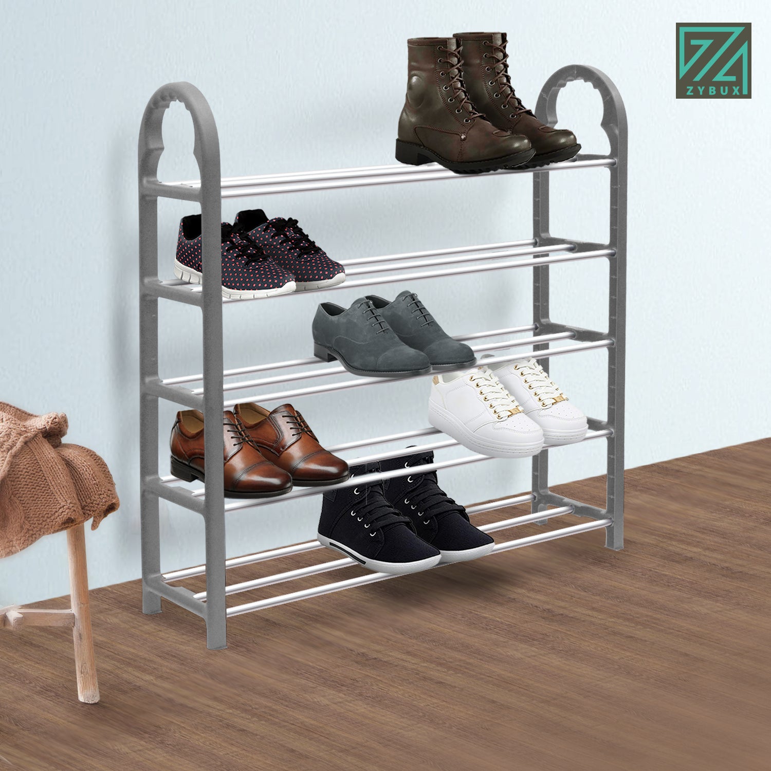ZYBUX - 5 Tier Shoe Rack Organiser, Quick Assembly No Tools Required, Holds upto 15 pairs (L) 63cm x (W) 19cm x (H) 67cm - Grey - ZYBUX