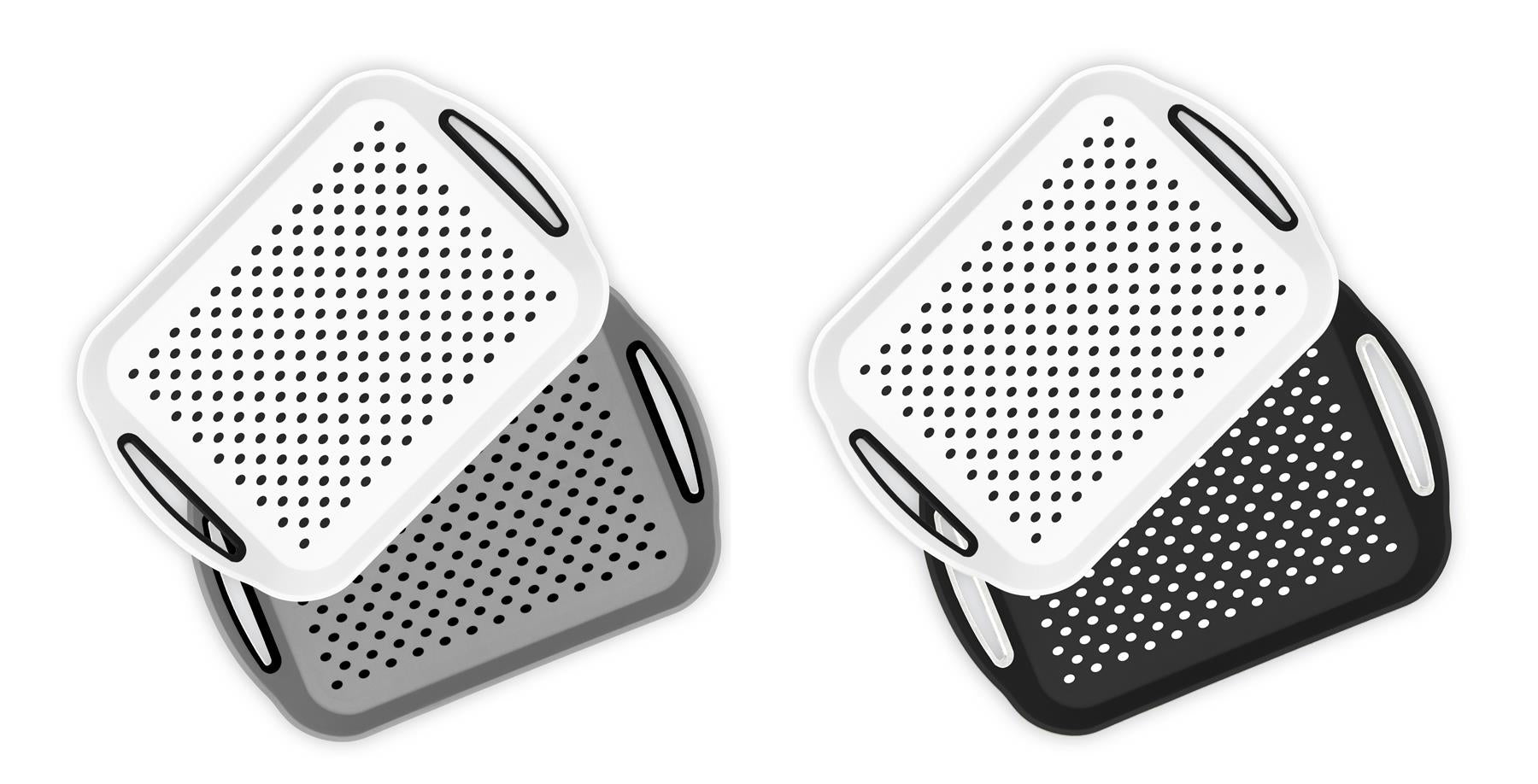 ZYBUX - 2 x Set of Anti-Slip Rectangular Non-Slip Top and Bottom Plastic Dinner/Drinks Serving Tray with High Grip Rubber Surface, Easy Grip Handles, Black & White - ZYBUX