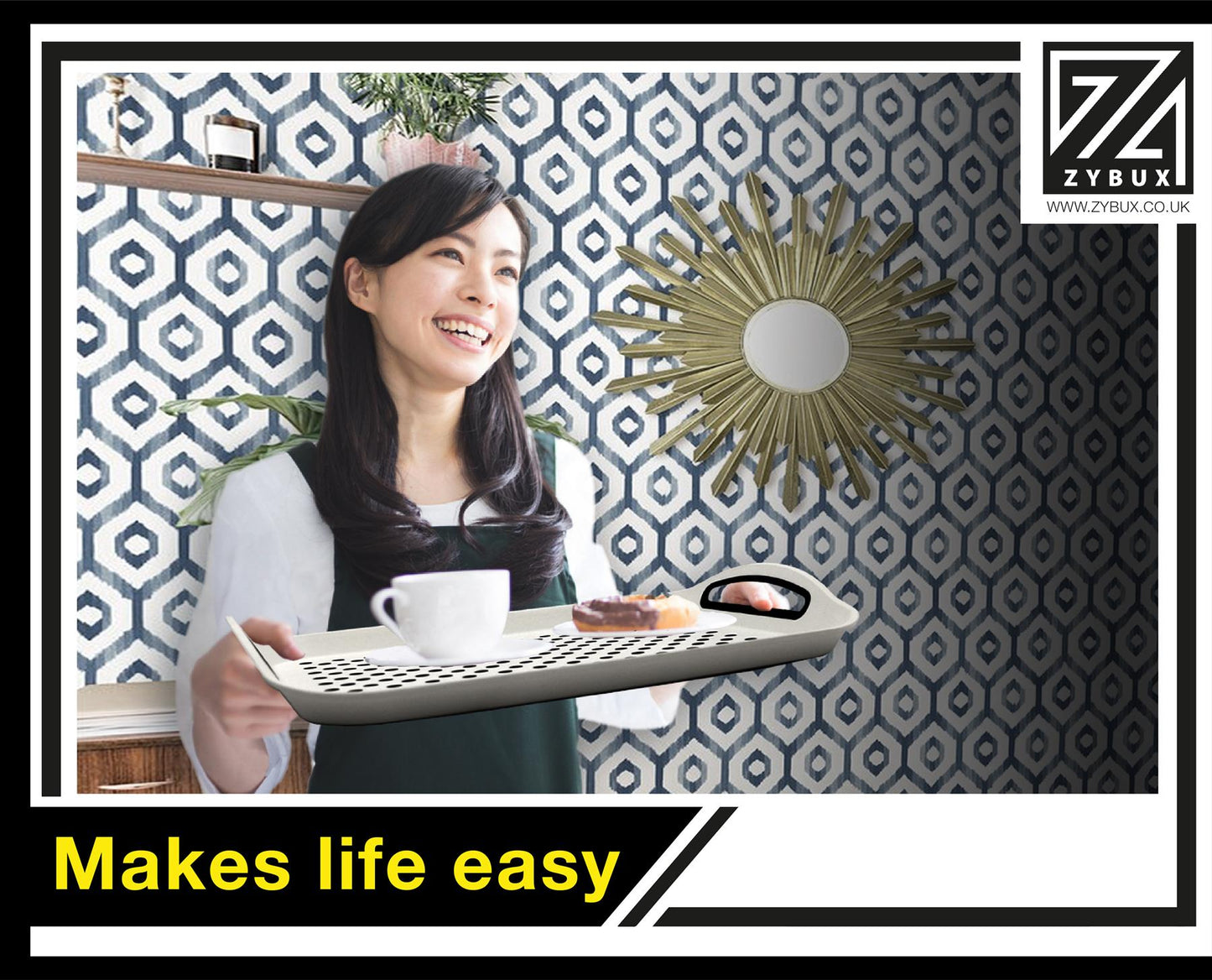 ZYBUX - 2 x Set of Anti-Slip Rectangular Non-Slip Top and Bottom Plastic Dinner/Drinks Serving Tray with High Grip Rubber Surface, Easy Grip Handles, Black & White - ZYBUX
