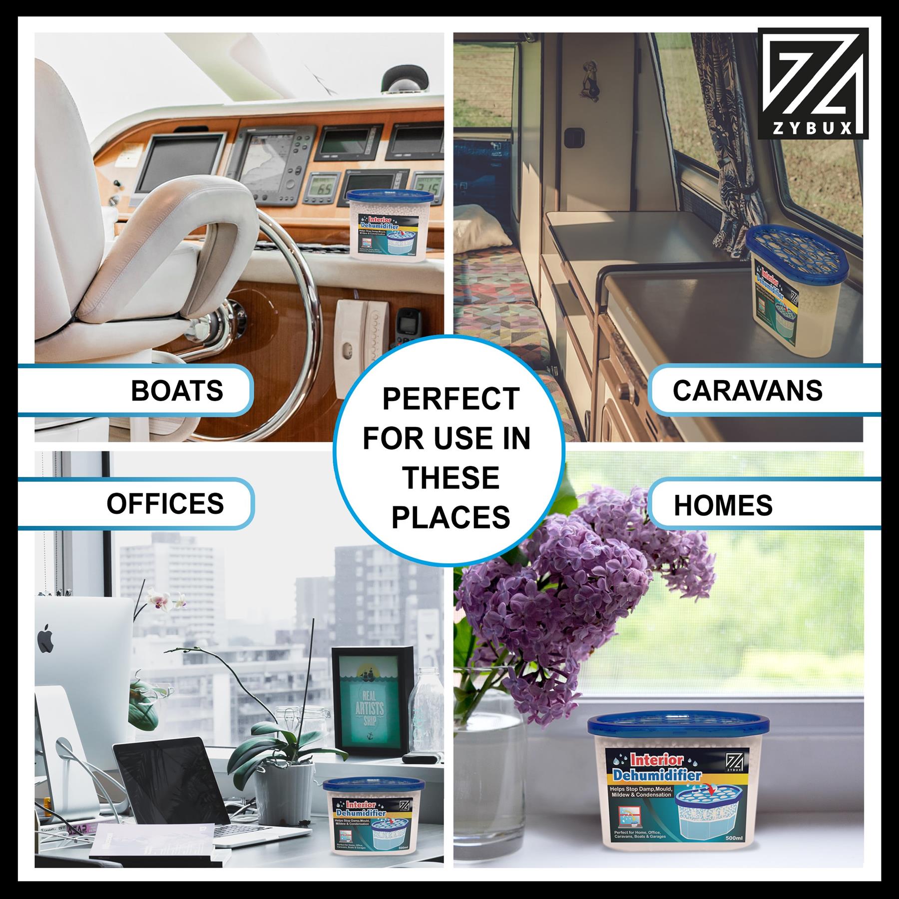 ZYBUX - 5 x Interior Dehumidifier 500ml - for Effective Reduction of Condensation, Mildew and Damp from cupboards, wardrobes, bathrooms, caravans, Boats and Vehicles. - ZYBUX
