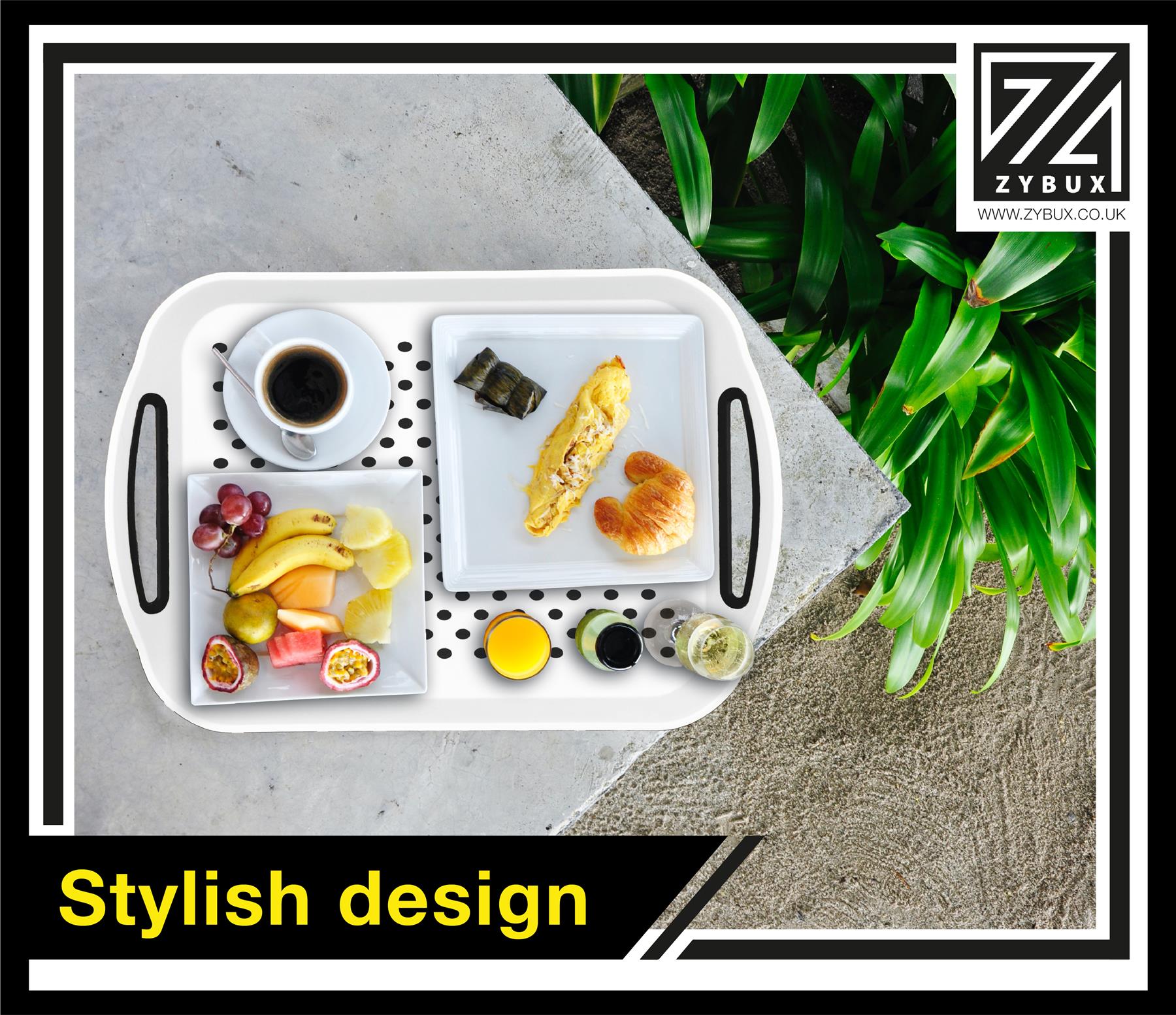 ZYBUX - 2 x Set of Anti-Slip Rectangular Non-Slip Top and Bottom Plastic Dinner/Drinks Serving Tray with High Grip Rubber Surface, Easy Grip Handles, Black & White - ZYBUX
