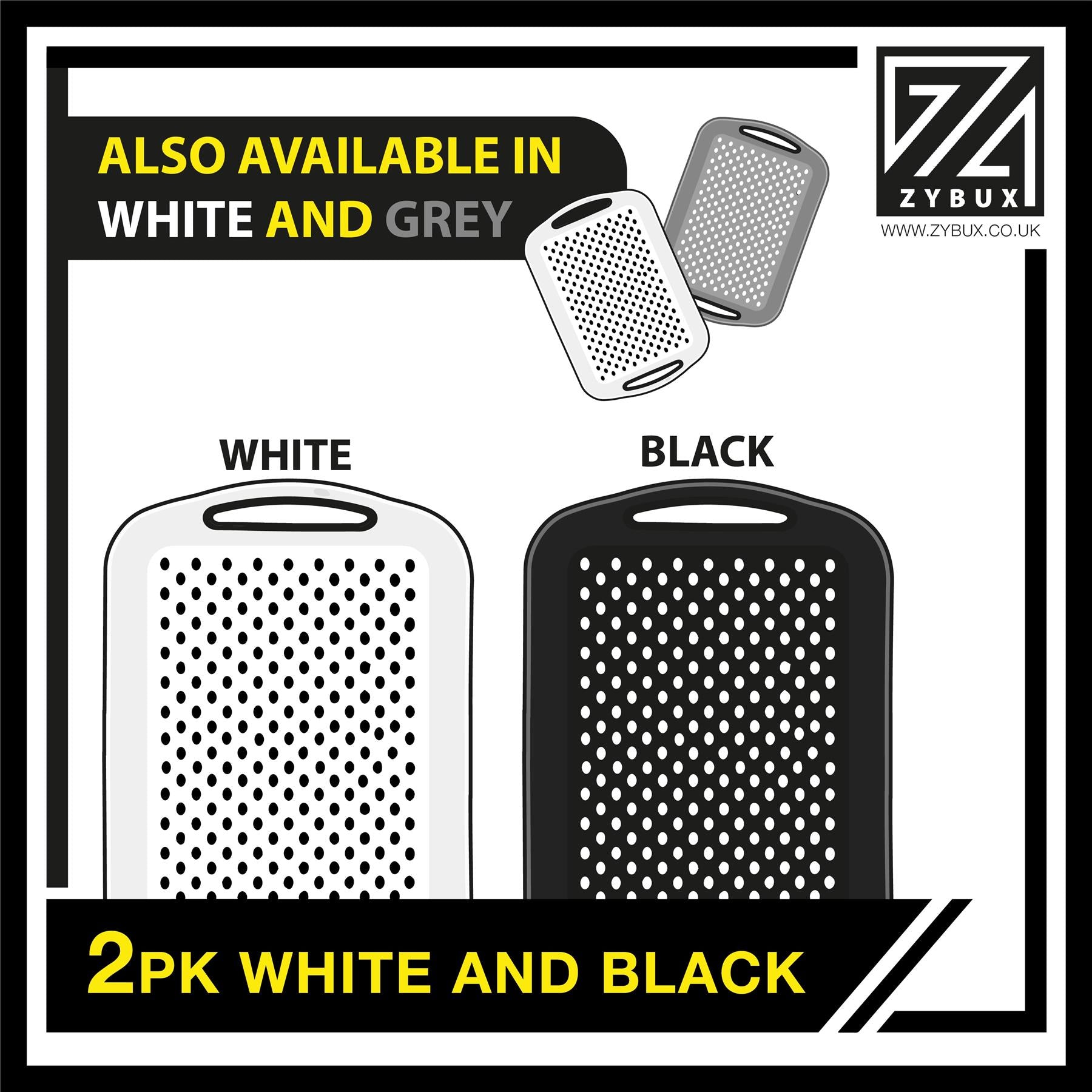ZYBUX - 2 x Set of Anti-Slip Rectangular Non-Slip Top and Bottom Plastic Dinner/Drinks Serving Tray with High Grip Rubber Surface, Easy Grip Handles, Black & White - ZYBUX