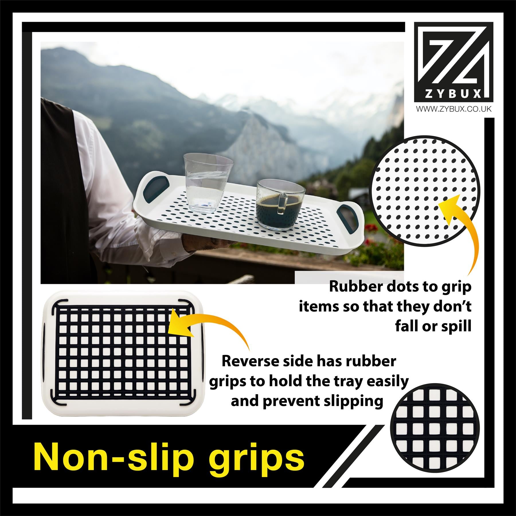 ZYBUX - 2 x Set of Anti-Slip Rectangular Non-Slip Top and Bottom Plastic Dinner/Drinks Serving Tray with High Grip Rubber Surface, Easy Grip Handles, Black & White - ZYBUX
