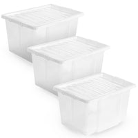 Plastic Storage Boxes with Lids – Clear Black Small Medium Large Stackable Plastic Containers | Ideal for Craft, Shoes, Toys, Office, and Kitchen Organiser | Durable, BPA Free Storage Bin (SET of 3)