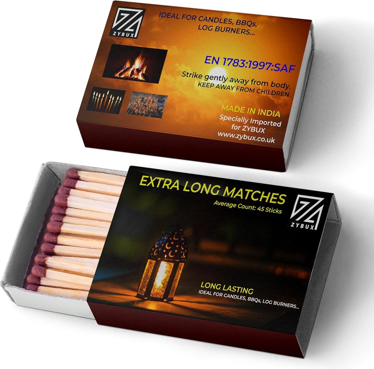 ZYBUX - Extra-Long Safety Matches Sticks, Slow Burning, Ideal for Candles, Cigar, Fireplaces, Grills, Safe Ignition with Strike Surface Match Box, Durable Matches, Pack of 2