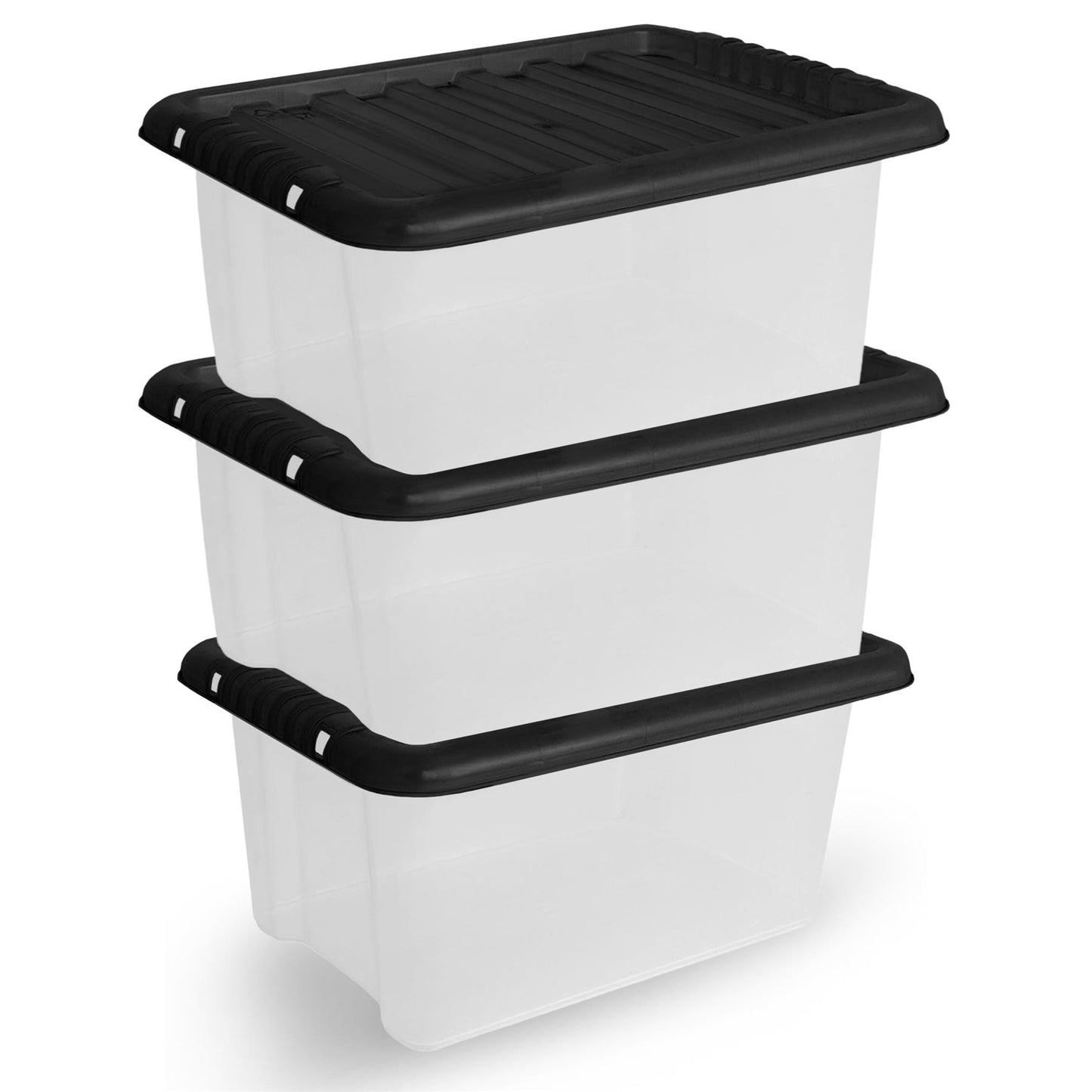Plastic Storage Boxes with Lids – Clear Black Small Medium Large Stackable Plastic Containers | Ideal for Craft, Shoes, Toys, Office, and Kitchen Organiser | Durable, BPA Free Storage Bin (SET of 3)