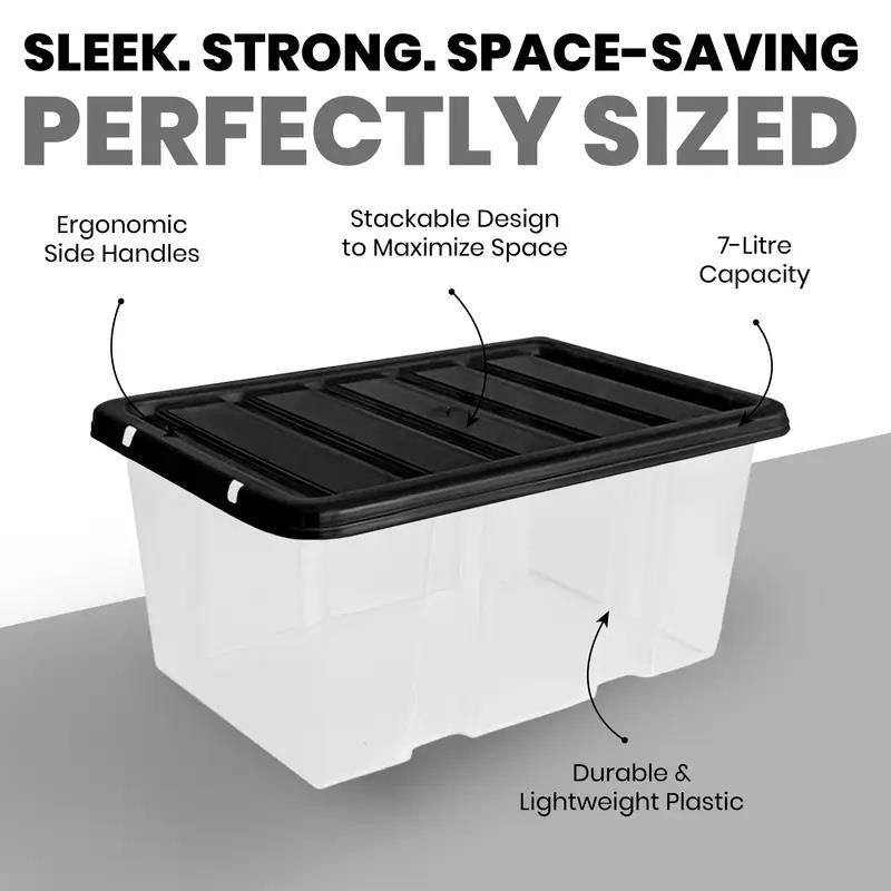 Plastic Storage Boxes with Lids – Clear Black Small Medium Large Stackable Plastic Containers | Ideal for Craft, Shoes, Toys, Office, and Kitchen Organiser | Durable, BPA Free Storage Bin (SET of 3)