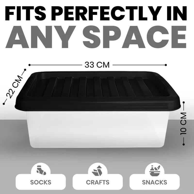Plastic Storage Boxes with Lids – Clear Black Small Medium Large Stackable Plastic Containers | Ideal for Craft, Shoes, Toys, Office, and Kitchen Organiser | Durable, BPA Free Storage Bin (SET of 3)