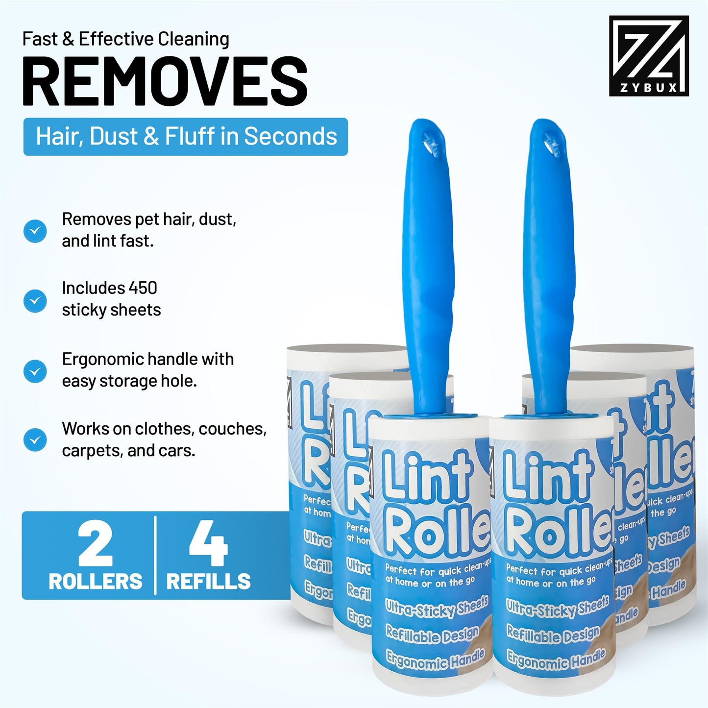 2 x Lint Roller + 4 Sticky replacement Heads Easily and quickly removes animal hairs, dust and fluff from garments, furniture and car seats