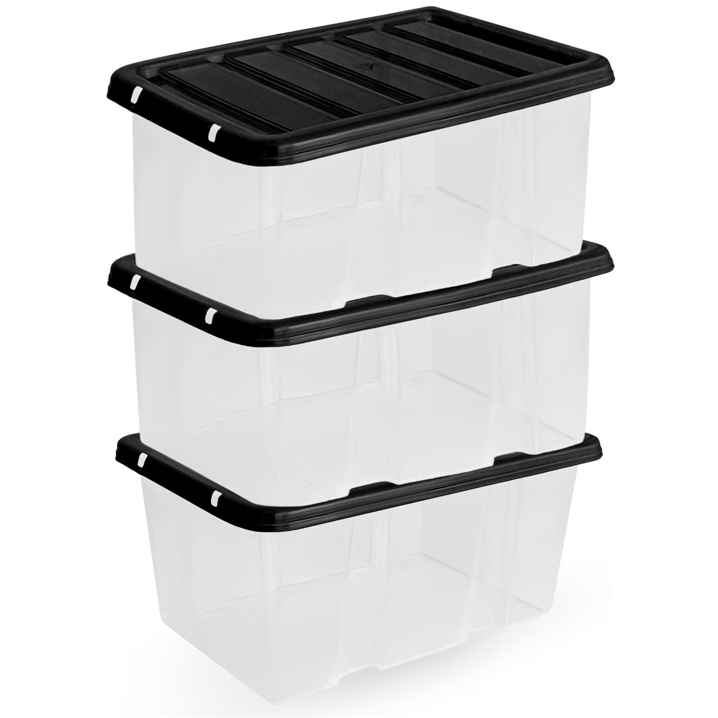 Plastic Storage Boxes with Lids – Clear Black Small Medium Large Stackable Plastic Containers | Ideal for Craft, Shoes, Toys, Office, and Kitchen Organiser | Durable, BPA Free Storage Bin (SET of 3)