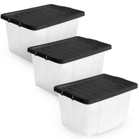 Plastic Storage Boxes with Lids – Clear Black Small Medium Large Stackable Plastic Containers | Ideal for Craft, Shoes, Toys, Office, and Kitchen Organiser | Durable, BPA Free Storage Bin (SET of 3)
