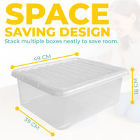 Underbed Plastic Storage Boxes with Lids – Clear & Black – 30L, 32L | Stackable Plastic Containers for Clothes, Shoes & Bedding | Space-Saving, Durable, BPA Free Storage Bins