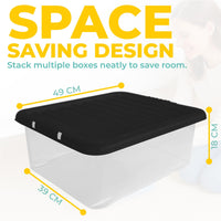 Underbed Plastic Storage Boxes with Lids – Clear & Black – 30L, 32L | Stackable Plastic Containers for Clothes, Shoes & Bedding | Space-Saving, Durable, BPA Free Storage Bins