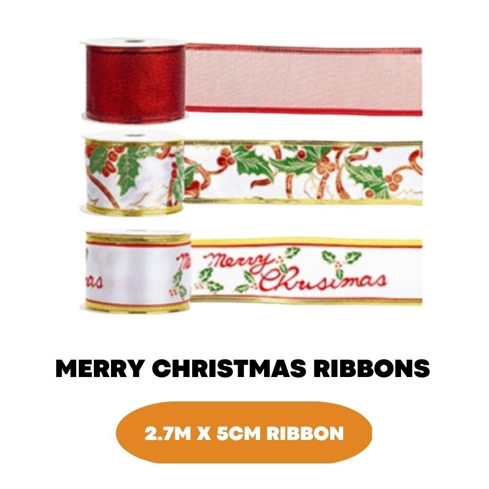 Large Happy Merry Christmas Ribbons Decoration Ribbon Gift Wrapping 2.7m x 5cm - ZYBUX