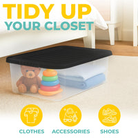 Underbed Plastic Storage Boxes with Lids – Clear & Black – 30L, 32L | Stackable Plastic Containers for Clothes, Shoes & Bedding | Space-Saving, Durable, BPA Free Storage Bins