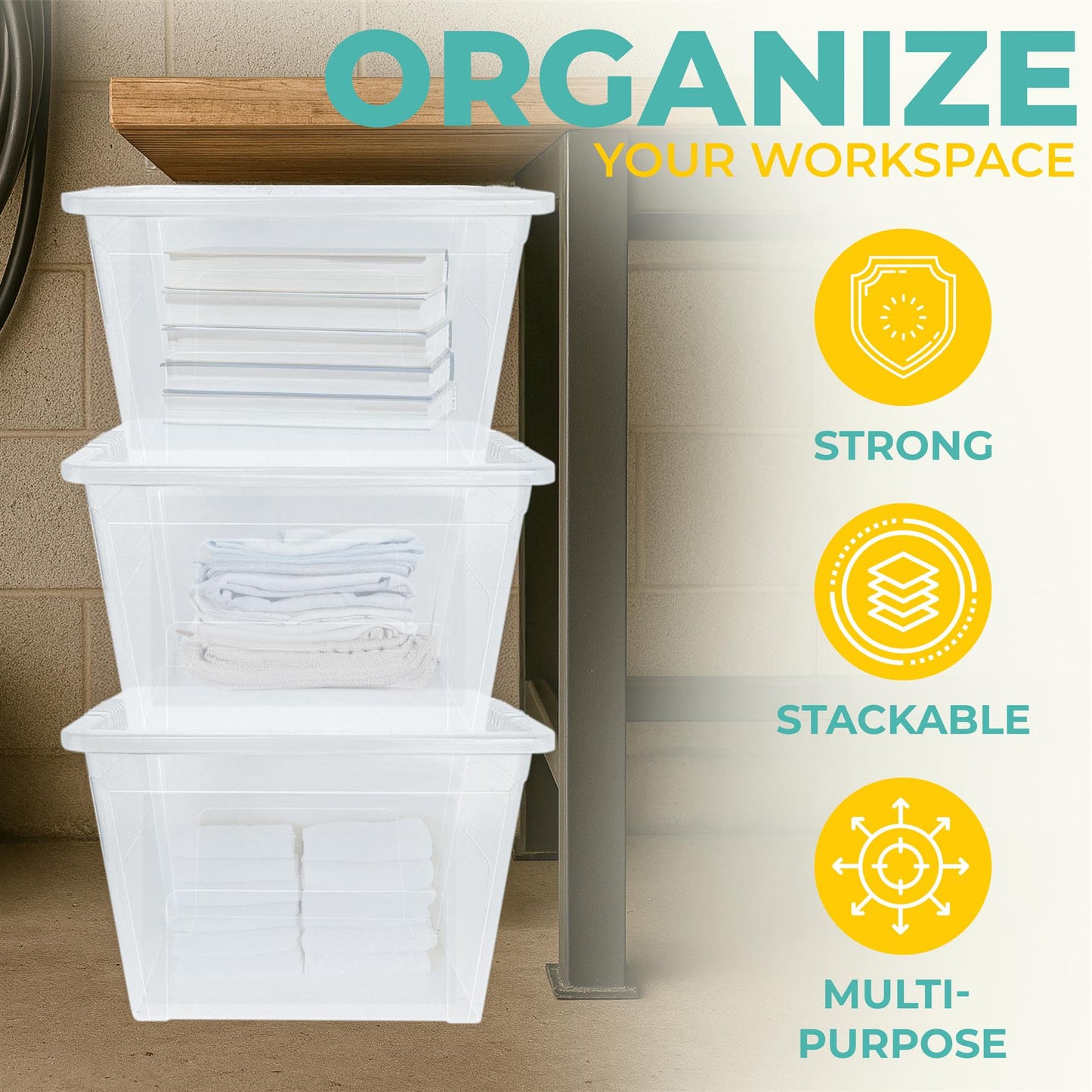 Plastic Storage Boxes with Lids – Clear Black Small Medium Large Stackable Plastic Containers | Ideal for Craft, Shoes, Toys, Office, and Kitchen Organiser | Durable, BPA Free Storage Bin (SET of 3)