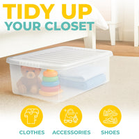 Underbed Plastic Storage Boxes with Lids – Clear & Black – 30L, 32L | Stackable Plastic Containers for Clothes, Shoes & Bedding | Space-Saving, Durable, BPA Free Storage Bins