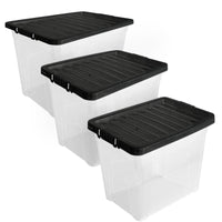 Plastic Storage Boxes with Lids – Clear Black Small Medium Large Stackable Plastic Containers | Ideal for Craft, Shoes, Toys, Office, and Kitchen Organiser | Durable, BPA Free Storage Bin (SET of 3)