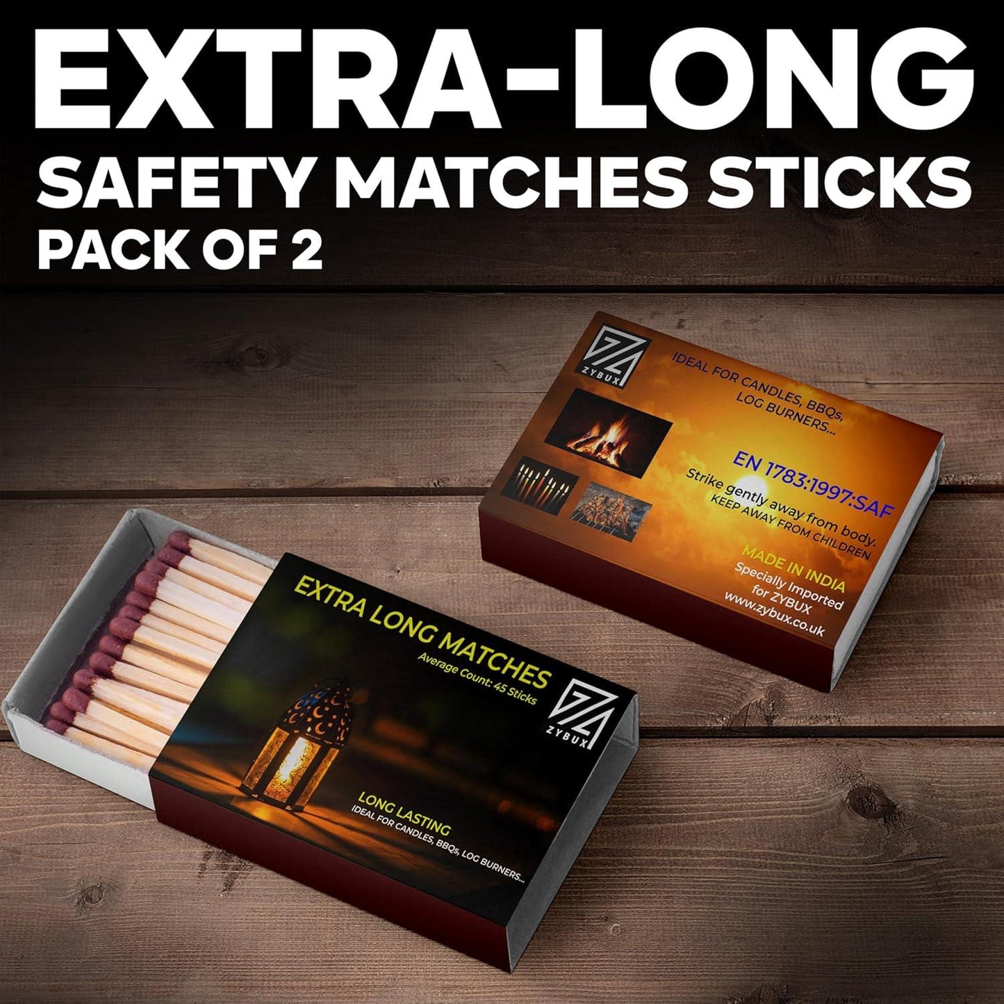 ZYBUX - Extra-Long Safety Matches Sticks, Slow Burning, Ideal for Candles, Cigar, Fireplaces, Grills, Safe Ignition with Strike Surface Match Box, Durable Matches, Pack of 2