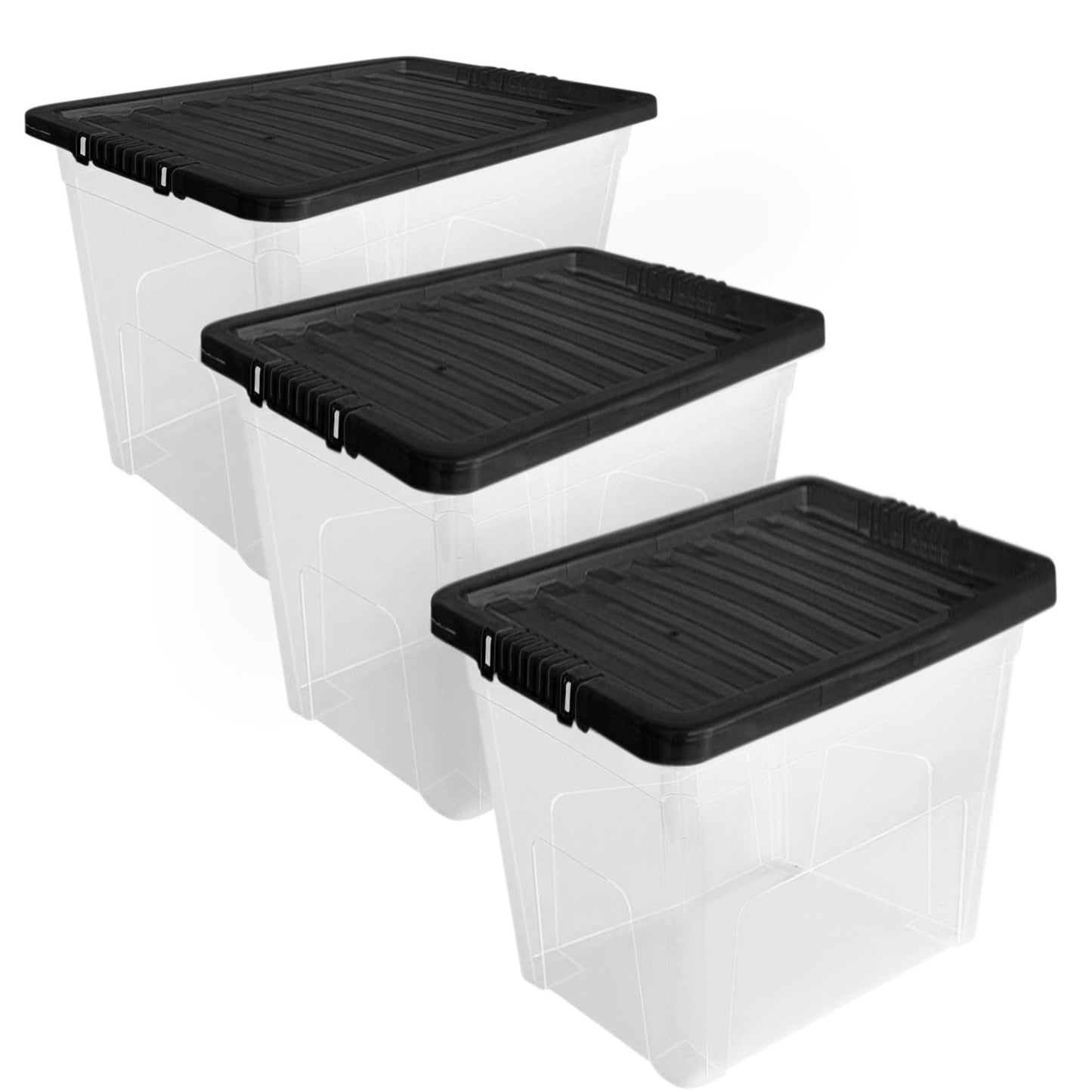Plastic Storage Boxes with Lids – Clear Black Small Medium Large Stackable Plastic Containers | Ideal for Craft, Shoes, Toys, Office, and Kitchen Organiser | Durable, BPA Free Storage Bin (SET of 3)