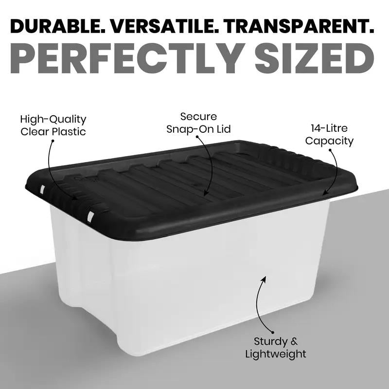 Plastic Storage Boxes with Lids – Clear Black Small Medium Large Stackable Plastic Containers | Ideal for Craft, Shoes, Toys, Office, and Kitchen Organiser | Durable, BPA Free Storage Bin (SET of 3)