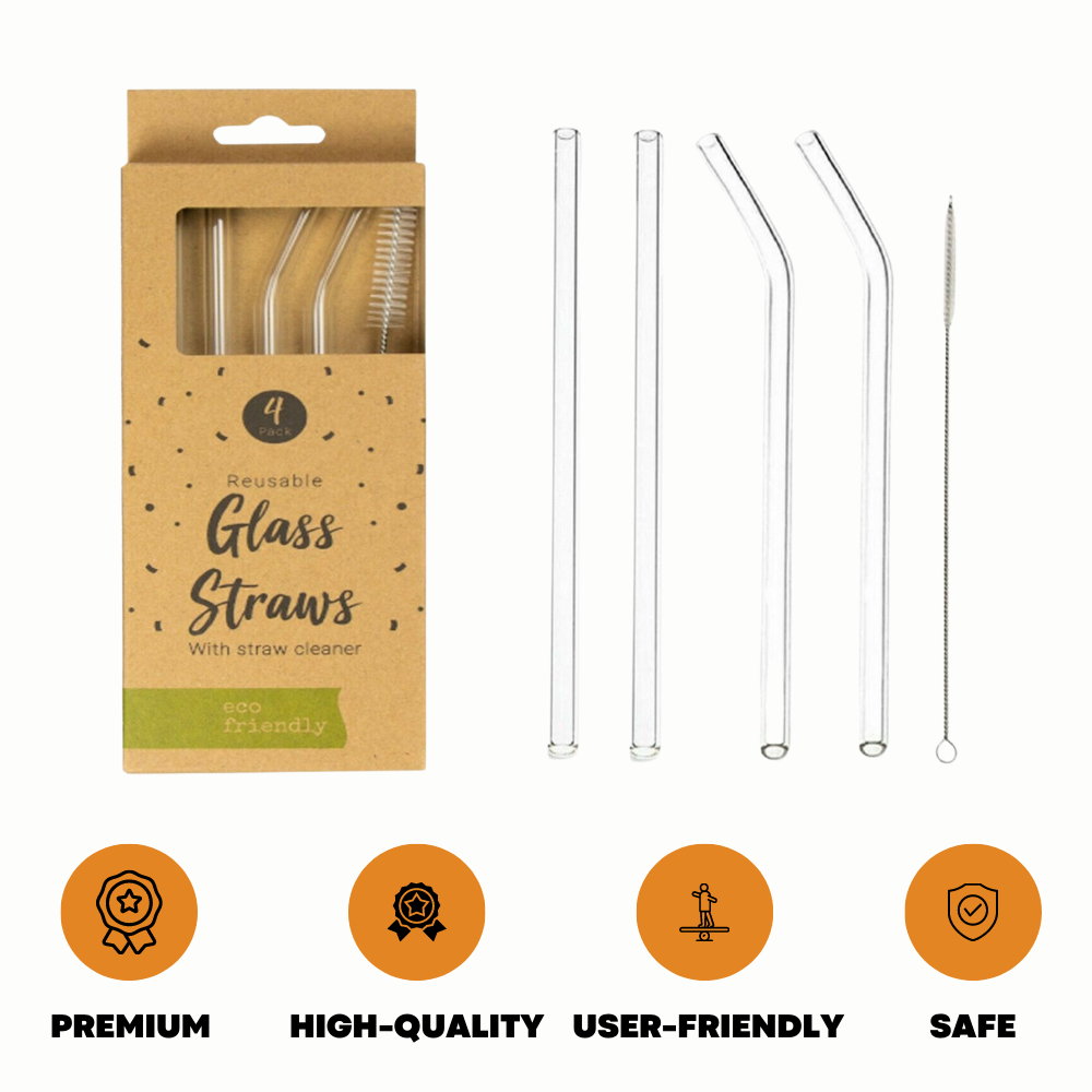 REUSABLE GLASS Drinking Straws 4 Pack with Cleaning BRUSH Party