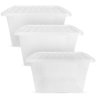 Plastic Storage Boxes with Lids – Clear Black Small Medium Large Stackable Plastic Containers | Ideal for Craft, Shoes, Toys, Office, and Kitchen Organiser | Durable, BPA Free Storage Bin (SET of 3)