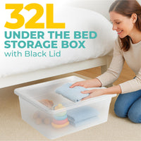 Underbed Plastic Storage Boxes with Lids – Clear & Black – 30L, 32L | Stackable Plastic Containers for Clothes, Shoes & Bedding | Space-Saving, Durable, BPA Free Storage Bins