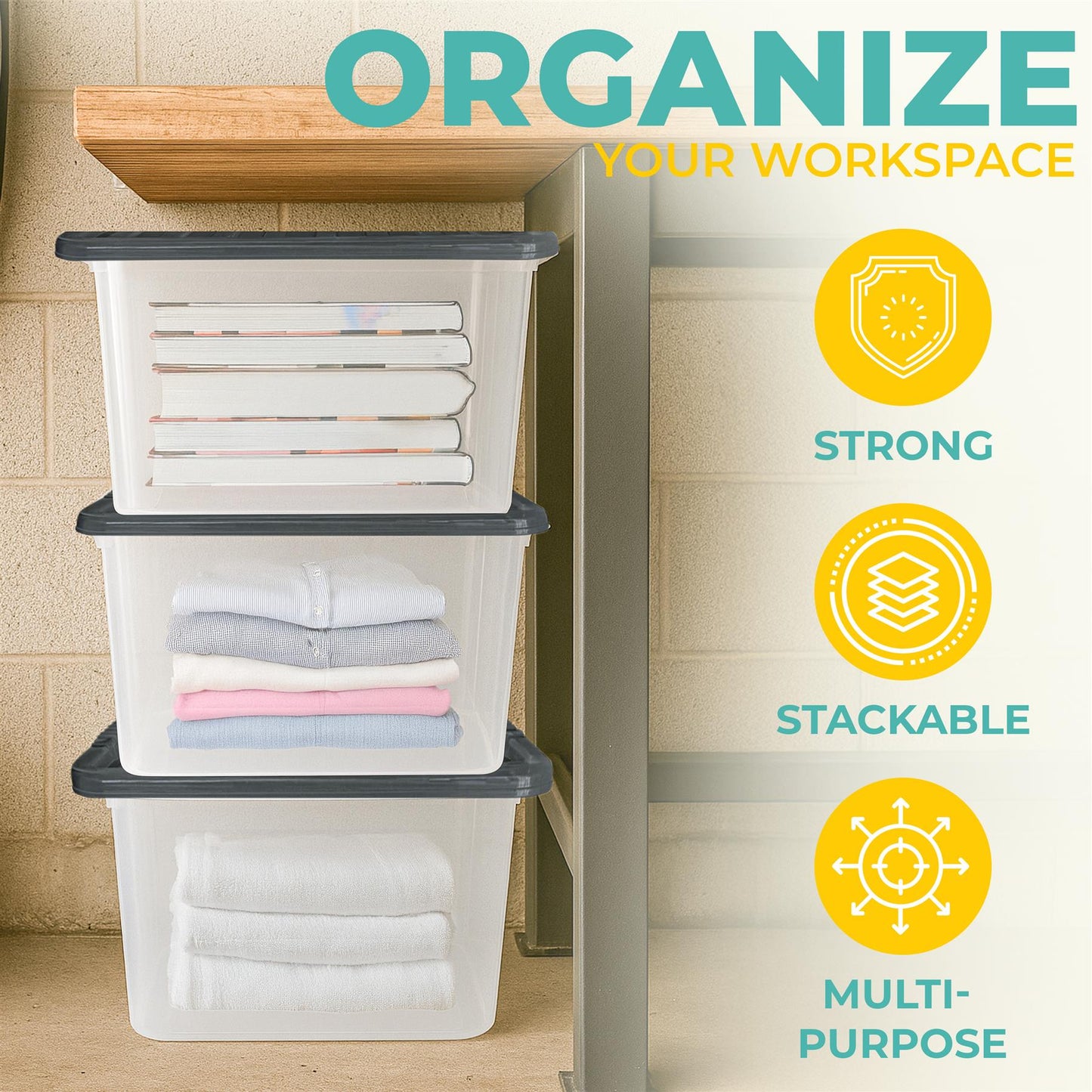 Plastic Storage Boxes with Lids – Clear Black Small Medium Large Stackable Plastic Containers | Ideal for Craft, Shoes, Toys, Office, and Kitchen Organiser | Durable, BPA Free Storage Bin (SET of 3)