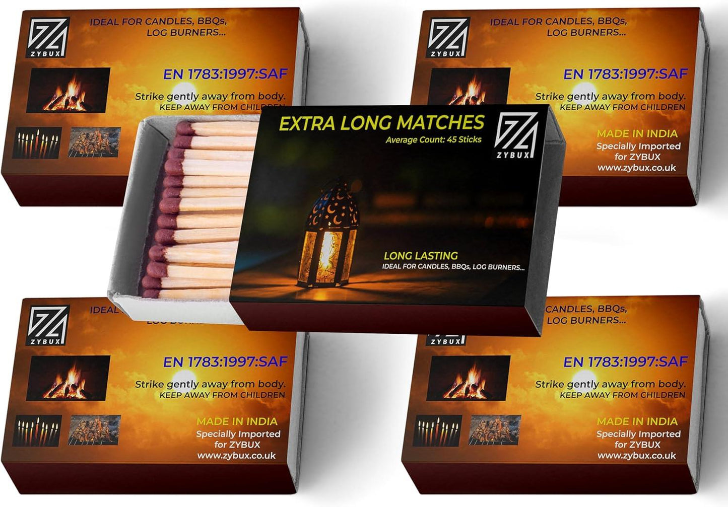 ZYBUX - Extra-Long Safety Matches Sticks, Slow Burning, Ideal for Candles, Cigar, Fireplaces, Grills, Safe Ignition with Strike Surface Match Box, Durable Matches, Pack of 5