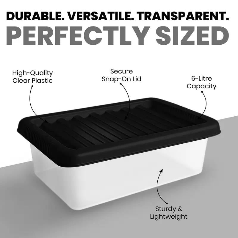 Plastic Storage Boxes with Lids – Clear Black Small Medium Large Stackable Plastic Containers | Ideal for Craft, Shoes, Toys, Office, and Kitchen Organiser | Durable, BPA Free Storage Bin (SET of 3)